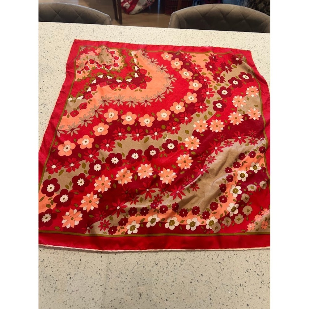 Vibrant Vintage Floral Silk Scarf Red Pink Tan Square Neck Scarf Accessory Mod - Picture 9 of 13